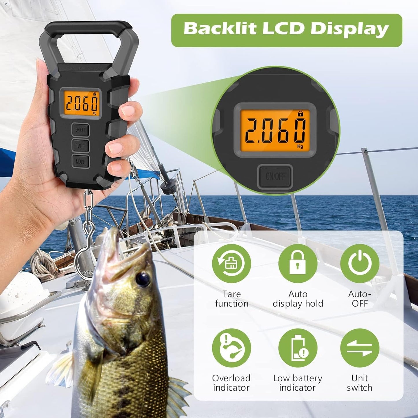 KeeKit Digital Fishing Scale with Ruler, 110lb/50kg Electronic Digital Luggage Scale, Waterproof Fishing Postal Hanging Hook Scale with Measuring Tape, Backlit LCD Display