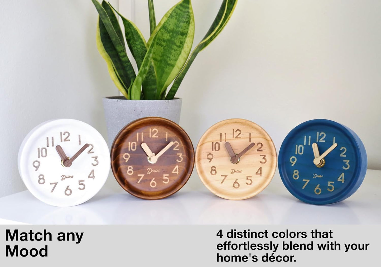 Driini Wooden Analog Desktop Clock – 4.3 in. Decorative Pinewood Clock, No-Tick Design – Easy to Read Silent Sweep Mantle Clock – Quiet Tabletop Clocks with Wood Body, Hands, & Battery Cover; Blue