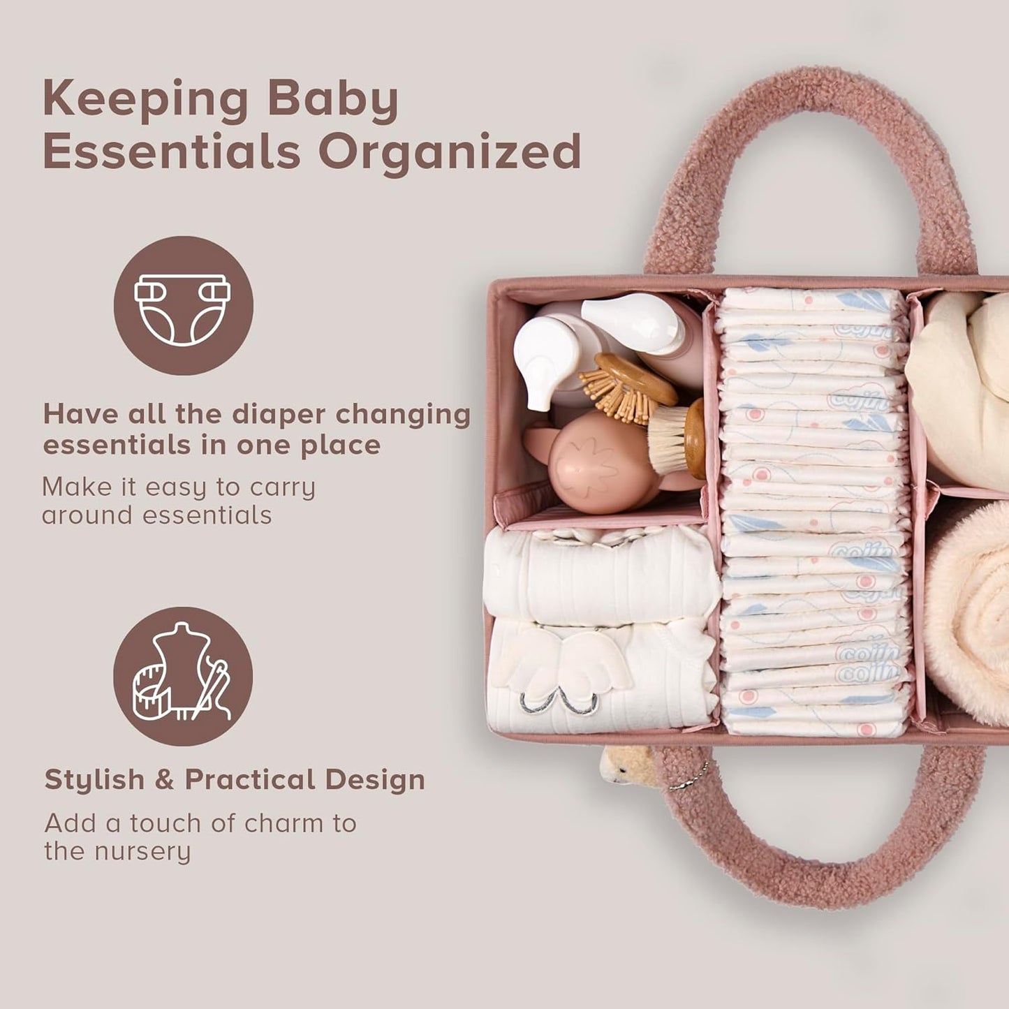 PeraBella Baby Diaper Caddy Organizer, Baby Organizers and Storage for Changing Table, Babies Shower Gift Basket for Boy &Girl, Nursery Essentials Car Caddy Organizer with Handle, White Diaper Basket