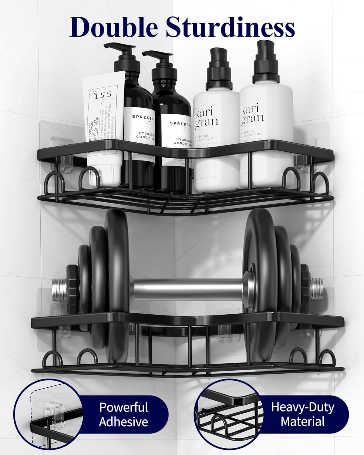 Kitsure Corner Shower Caddy - 2 Pack Rustproof Shower Organizer, Durable Shower Shelf with Large Capacity, Drill-Free Adhesive Bathroom Shelves with 4 Movable Hooks, 11.0 x 21.5 x 4.5cm, Black