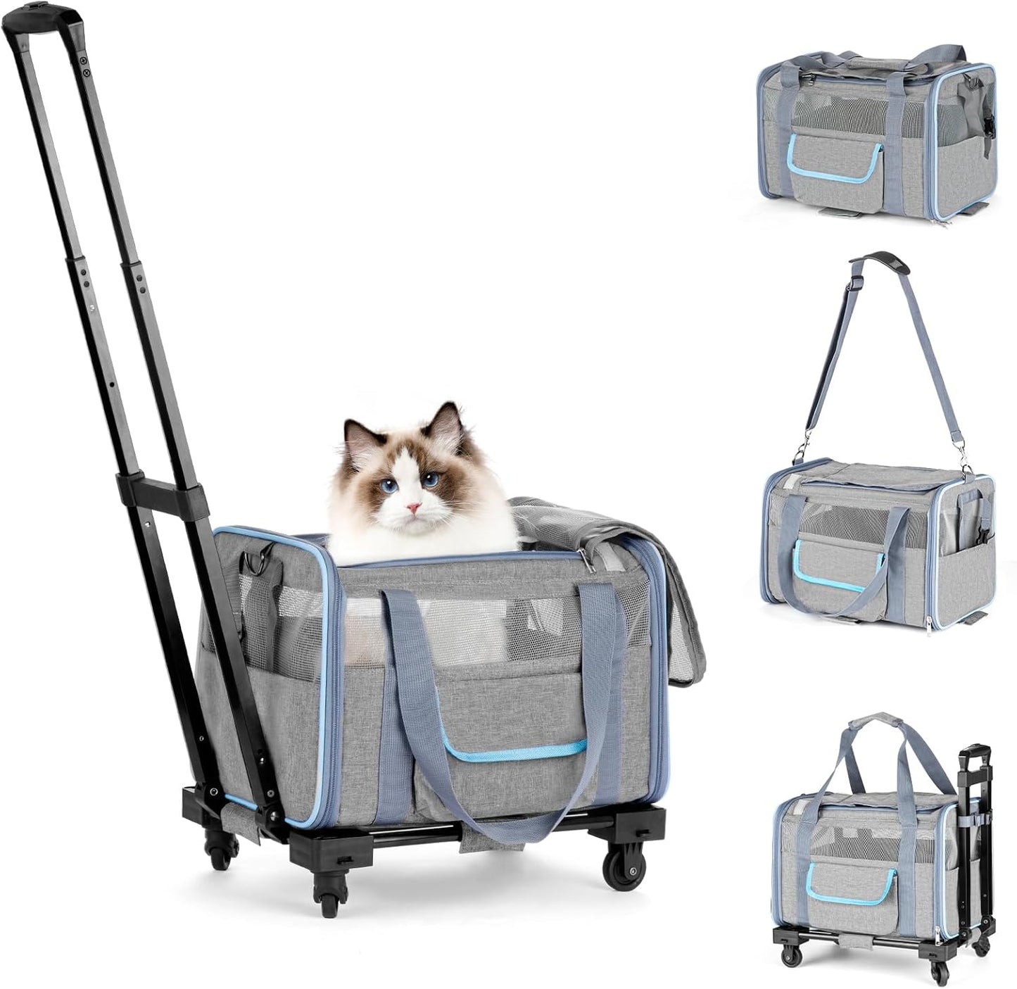 UNICITII Pets Carrier for Small Cat, Dog Medium Cats Puppies up to 20 Lbs, Airline Approved Carrier Soft Sided, Collapsible Travel Puppy Carrier (Grey-with Wheels)