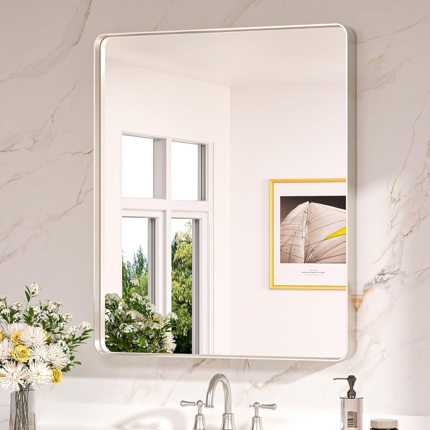 Keonjinn 42 x 36 Brushed Nickel Bathroom Vanity Mirror, Large Rounded Rectangle Bathroom Mirrors for over Sink, Metal Framed Silver Mirror for Wall, Shatterproof HD Tempered Glass(Horizontal/Vertical)