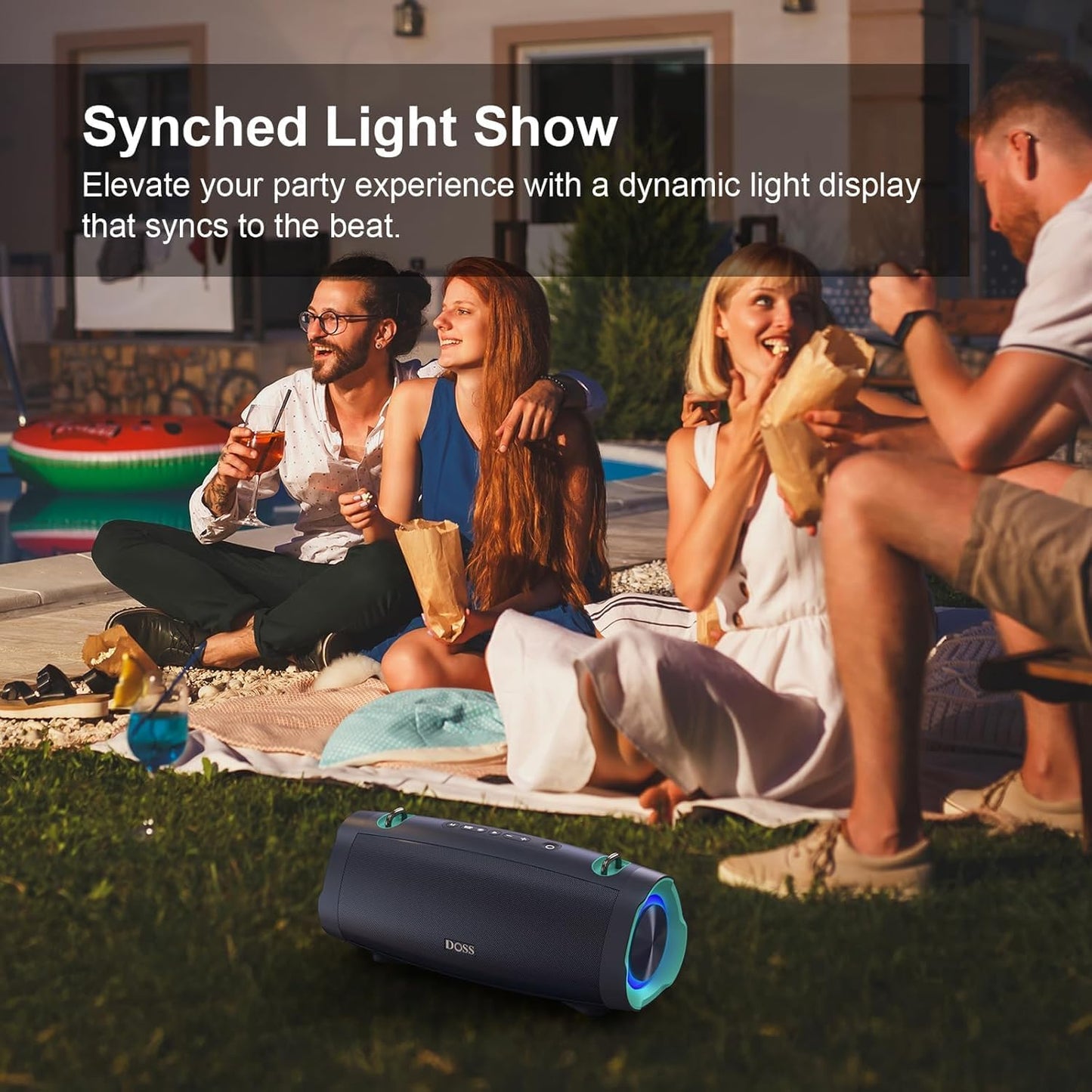 DOSS Extreme Boom Pro D100 Bluetooth Speaker with 140W Peak, 70W Bold Sound, Extra Bass, 24H Playtime, Beat-Sync Lights, IPX6 Waterproof, Portable Strap for Hiking, Camping-Orange