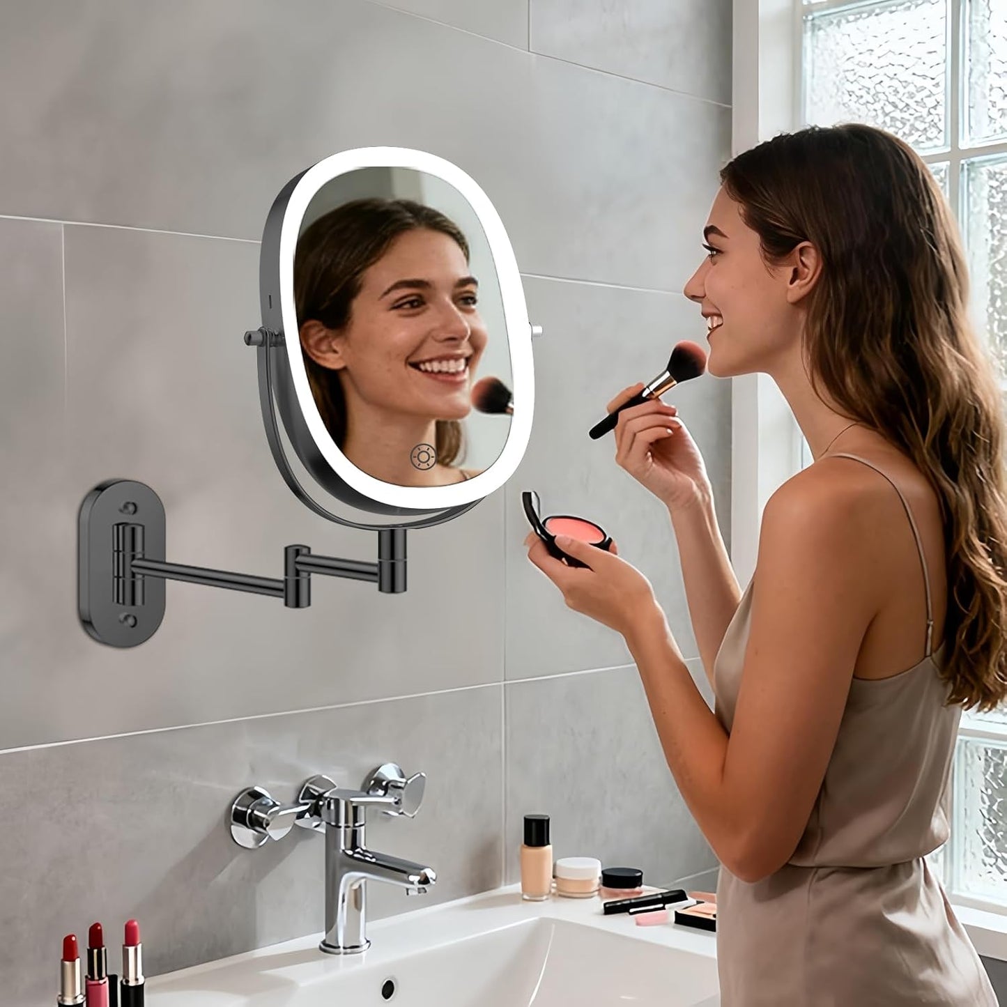 FUNTOUCH 5000mAh Rechargeable Wall Mounted Makeup Mirror, Double Sided Touch Switch 20X/1X Rectangle Wall Mounted Magnifying Mirror with Light, 3 Color Setting, Extended Arm 360°Swivel Foldable,Black