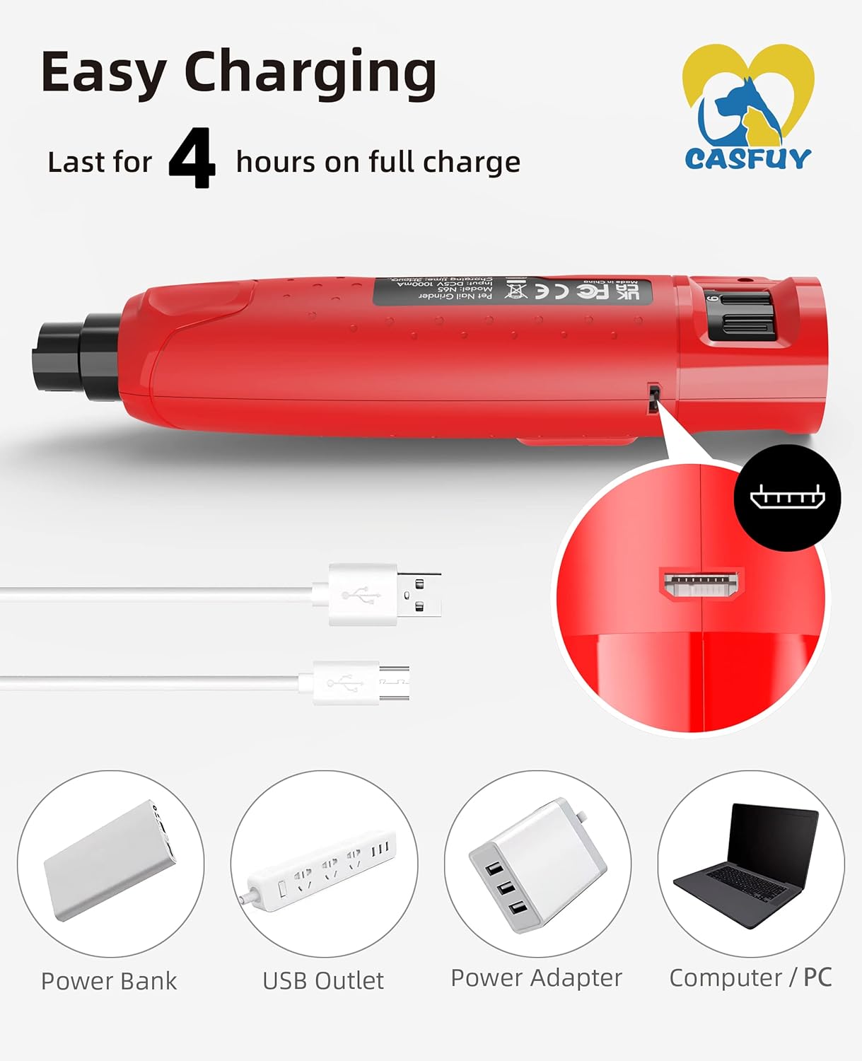 Casfuy Dog Nail Grinder Quiet - (45db)6-Speed Pet Nail Grinder with 2 LED Lights for Large Medium Small Puppy Dogs/Cats, Professional 3 Ports Rechargeable Electric Dog Nail Trimmer with Dust Cap(Blue)