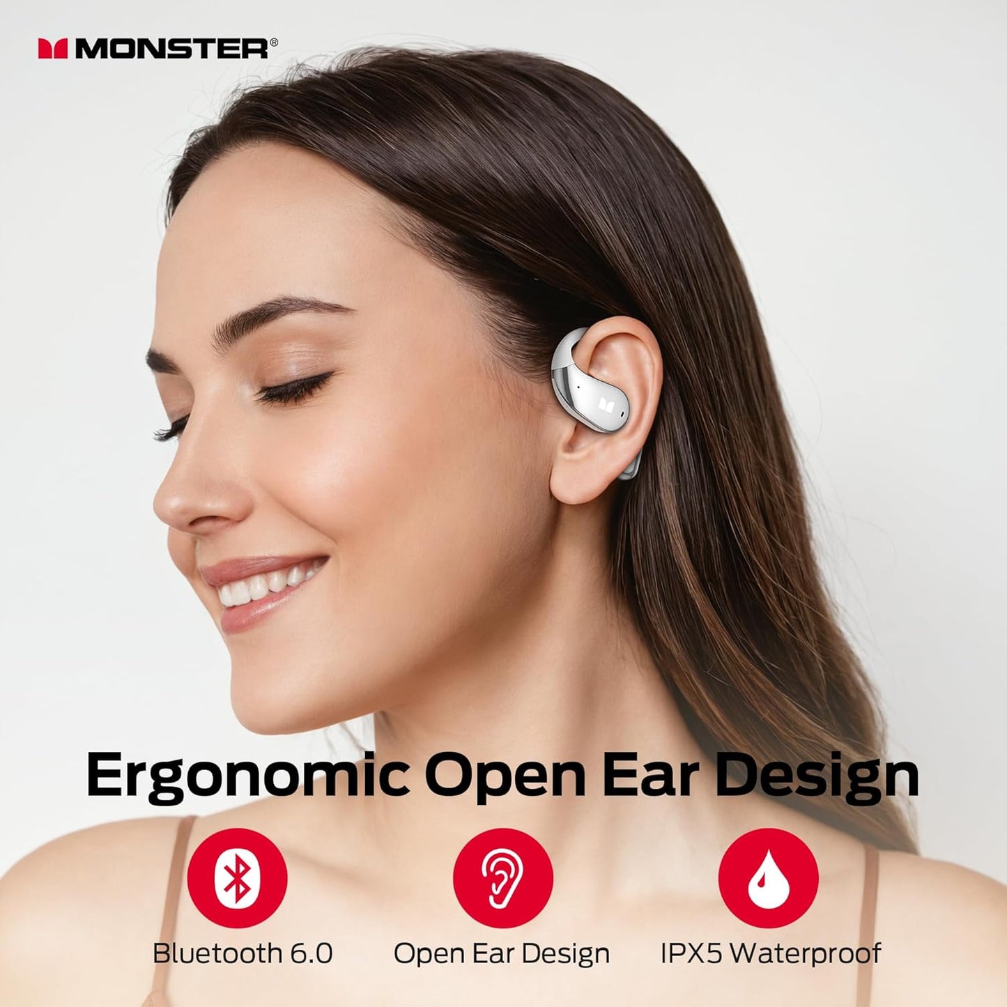 Monster Open Ear AC328 Wireless Earbuds, Open Ear Headphones 32H Playtime, Lightweight Comfort Bluetooth Earbuds, Bluetooth 6.0 Earphones Stereo Sound, Water Resistant Design for Sports, White