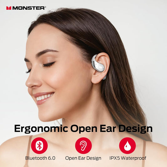 Monster Open Ear AC328 Wireless Earbuds, Open Ear Headphones 32H Playtime, Lightweight Comfort Bluetooth Earbuds, Bluetooth 6.0 Earphones Stereo Sound, Water Resistant Design for Sports, White - PuriLite