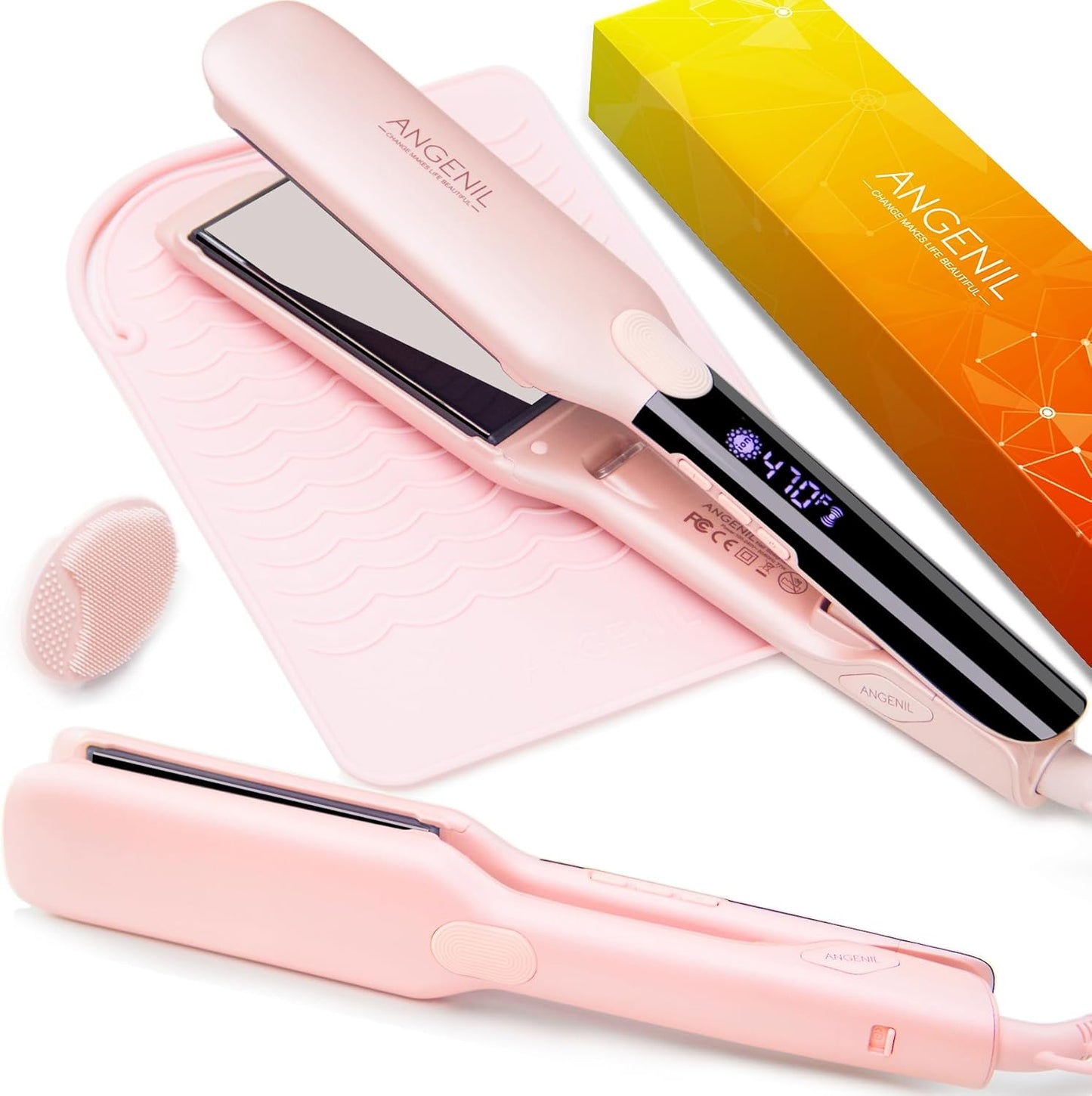 ANGENIL Pro Titanium Flat Iron Hair Straightener, Dual Voltage Straightening and Curling Iron in One, 15s Fast Heating, Negative Ion Round Pink Hair Straightener with Heat Resistant Silicone Mat Pad