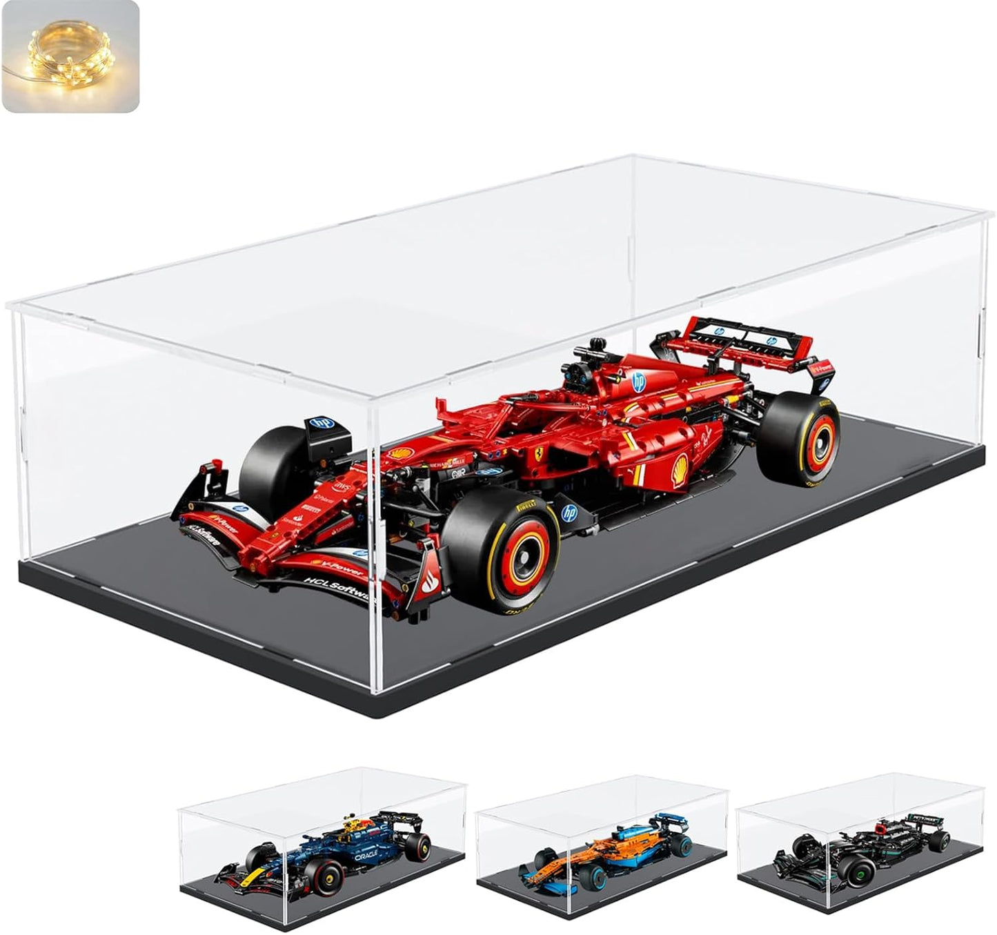 Thickened Clear Acrylic Display Case for Lego 10330 43268 76450 42170 10295 10353 Collectibles, Transparent Box Dustproof Protection with Wood-Plastic Base & String Light, Black Inside 40x20x20cm