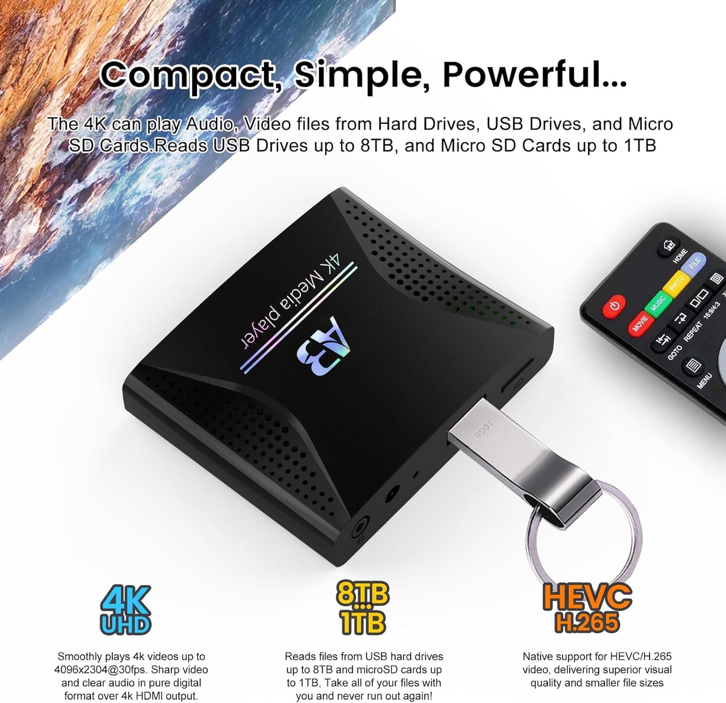 4K Ultra HD Digital Media Player for USB Drives and microSD Cards,Featuring HDMl and Analogy AV,Digital Signage,with Automatic Playback,Resume and Looping Capability for H.265 Videos,Music and Photos