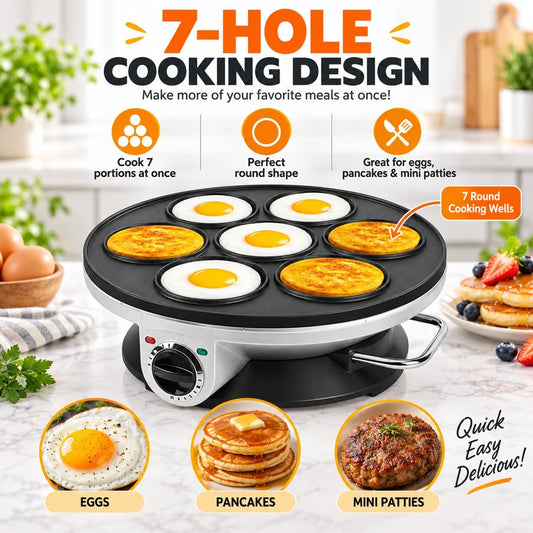 Omelette Pan, 7-Hole Electric Skillet, 3-Level Heat for Eggs & Burgers egg frying machine breakfast griddle mini burger maker pancake cooker divided skillet non stick countertop kitchen appliance