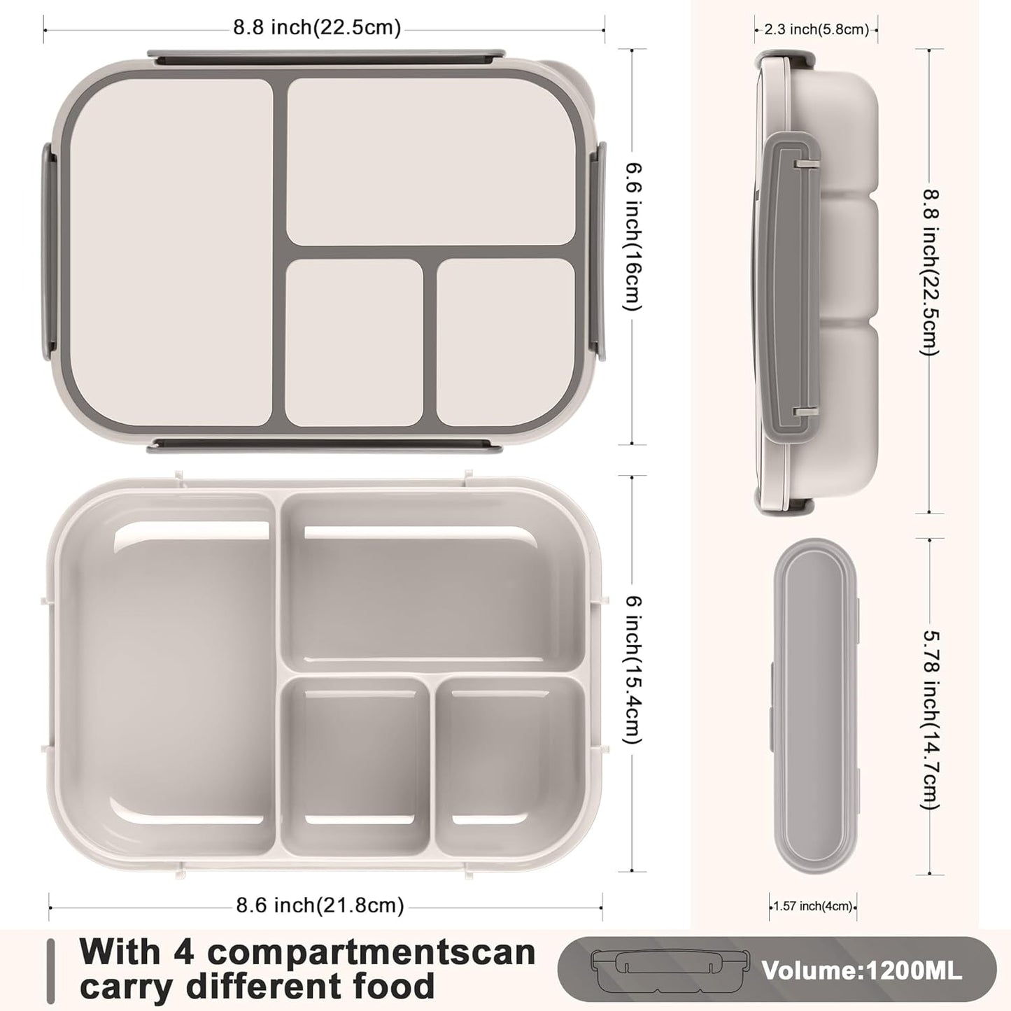 Amathley Lunch Box Kids,Bento Box Adult Lunch Box,Leakproof Lunch Containers for Adults/Kids/Toddler,1200ML-4 Compartments bento Lunch box with Utensil,Microwave & Dishwasher Safe(Dark Gray)