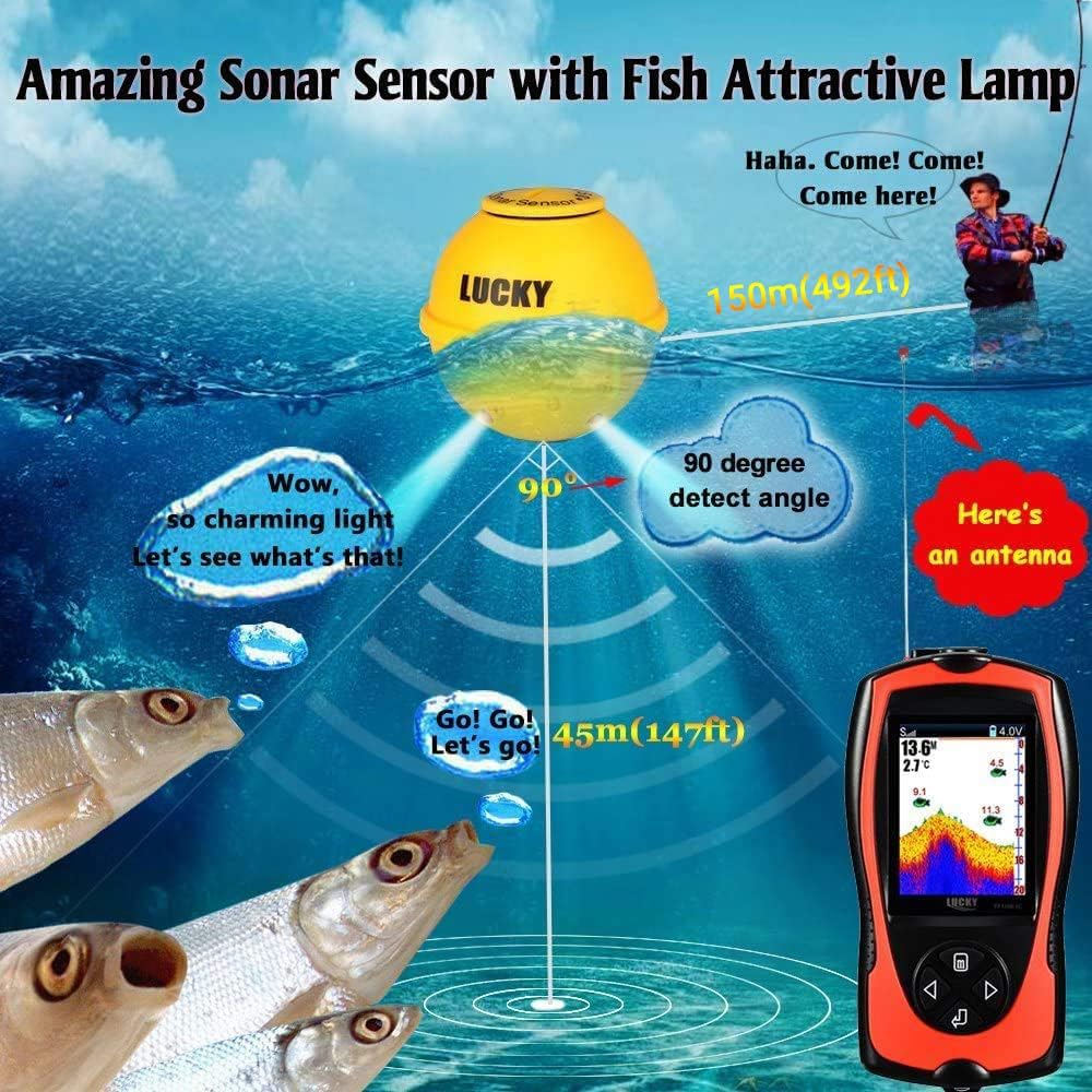 LUCKYLAKER Portable Fish Finder Transducer Sonar Sensor 147 Feet Water Depth Finder LCD Screen Echo Sounder Fishfinder with Fish Attractive Lamp for Ice Fishing Sea Fishing