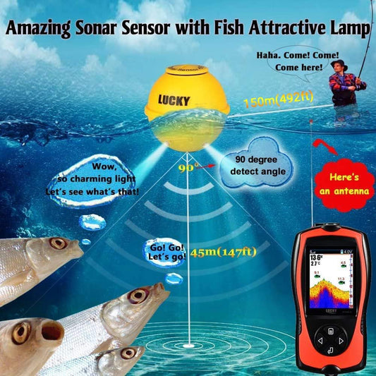 LUCKYLAKER Portable Fish Finder Transducer Sonar Sensor 147 Feet Water Depth Finder LCD Screen Echo Sounder Fishfinder with Fish Attractive Lamp for Ice Fishing Sea Fishing - PuriLite