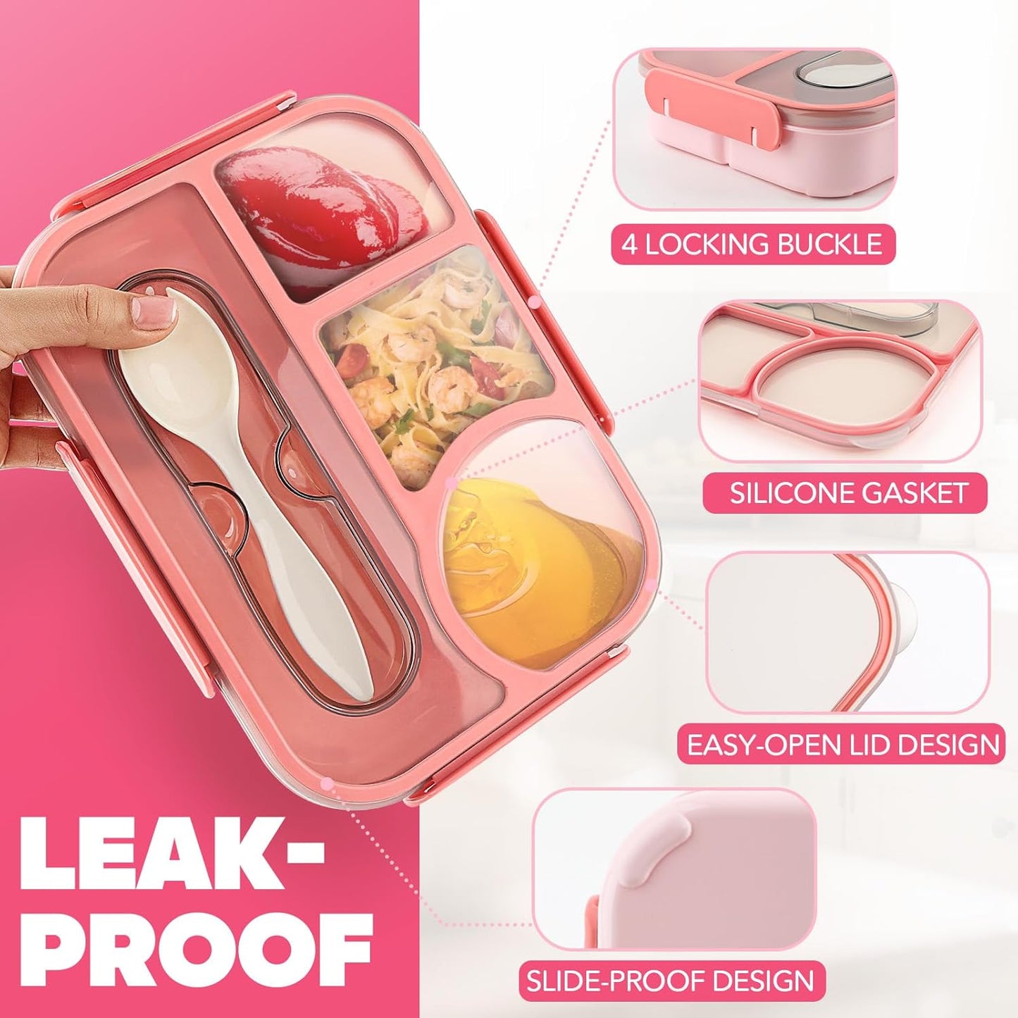 Bento Box Adult Lunch Box with 4-Compartment Leakproof Lunch Containers Microwave and Dishwasher Safe Bento Box with Spoon