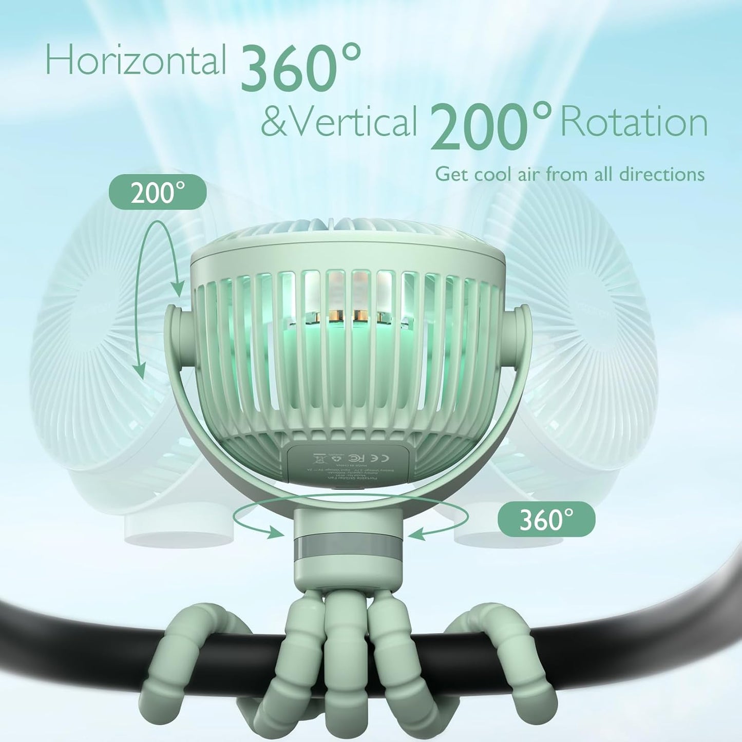 Momcozy Portable Stroller Fan, 27H Ultra-long Battery Life, Detachable 4 Speed 360°Rotate, LED Night Light with 2 Modes, USB Rechargeable and Handheld Cooling Fan for Travel, Car Seat