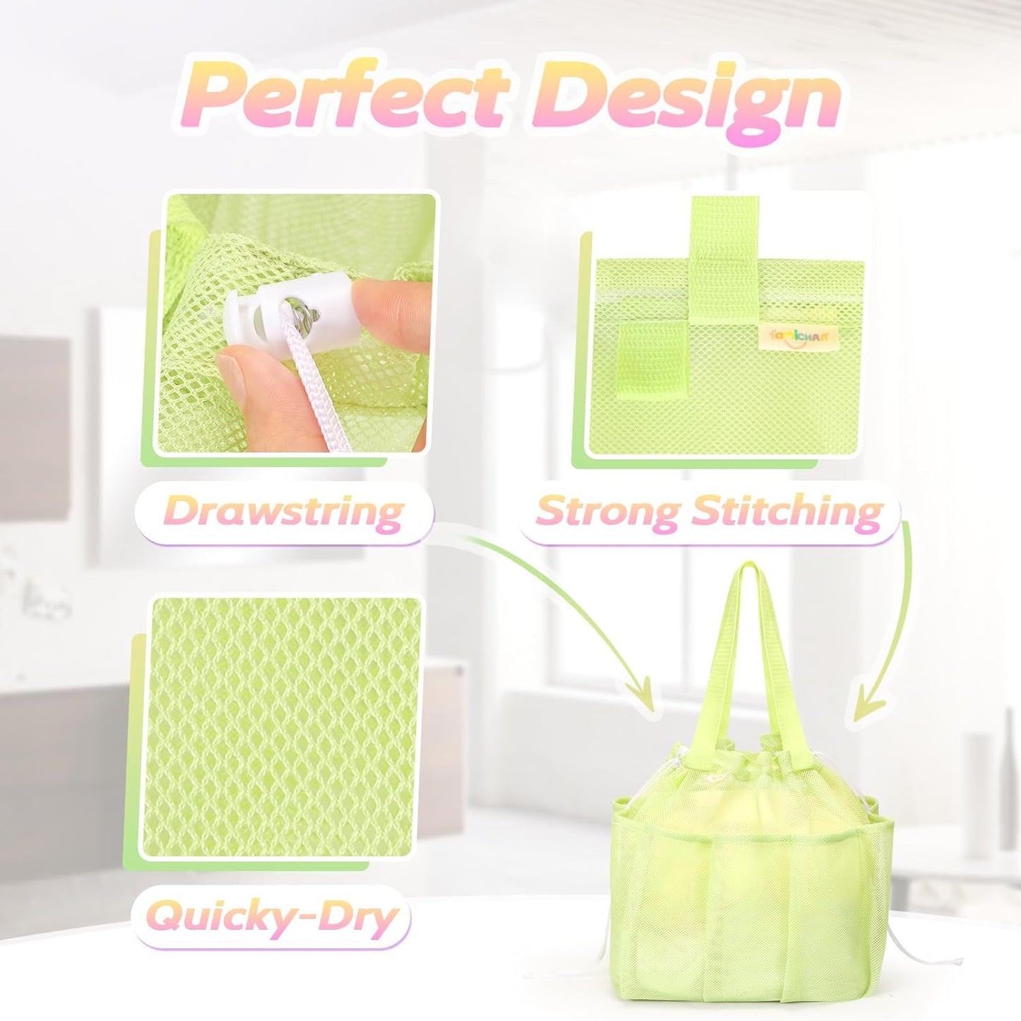 famichan Mesh Shower Caddy Portable, Dorm Room Essentials for College Students, Large Capacity with 8 Pockets Shower Bag for Camping,Swimming,Gym,Travel