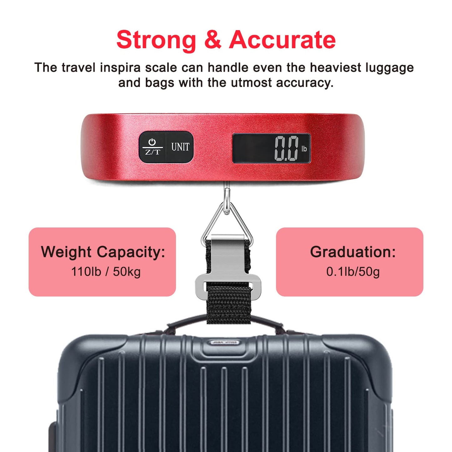 travel inspira Luggage Scale, Portable Digital Hanging Baggage Scale for Travel, Suitcase Weight Scale with Rubber Paint, 110 Pounds, Battery Included - Blue