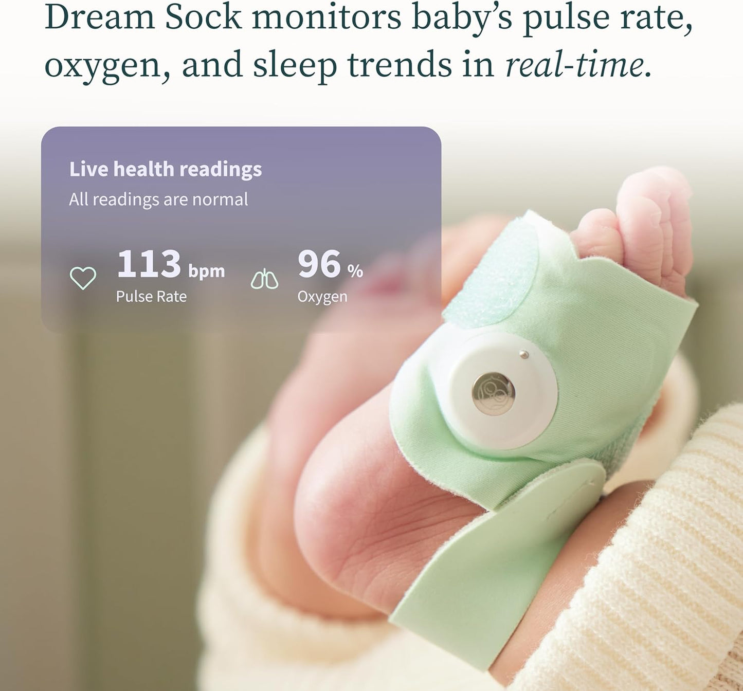 Owlet Dream Sock - Smart Baby Monitor View Heart Rate and Average Oxygen O2 as Sleep Quality Indicators. Wakings, Movement, and Sleep State. Digital Sleep Coach and Sleep Assist Prompts, Mint