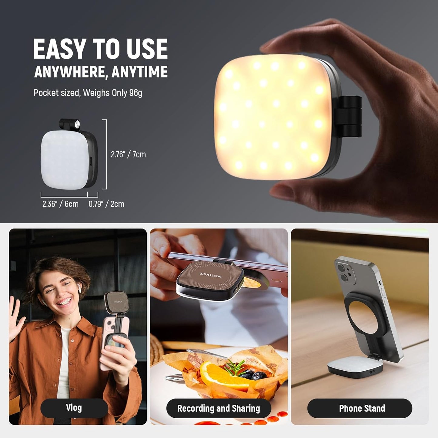 NEEWER BASICS Magnetic Selfie Light Compatible with MagSafe iPhone,CRI95 700lx/0.3m Folding LED Phone Fill Ring Lighting with Mirror for Zoom Makeup Photography Recording Video Conference, Black NL48B