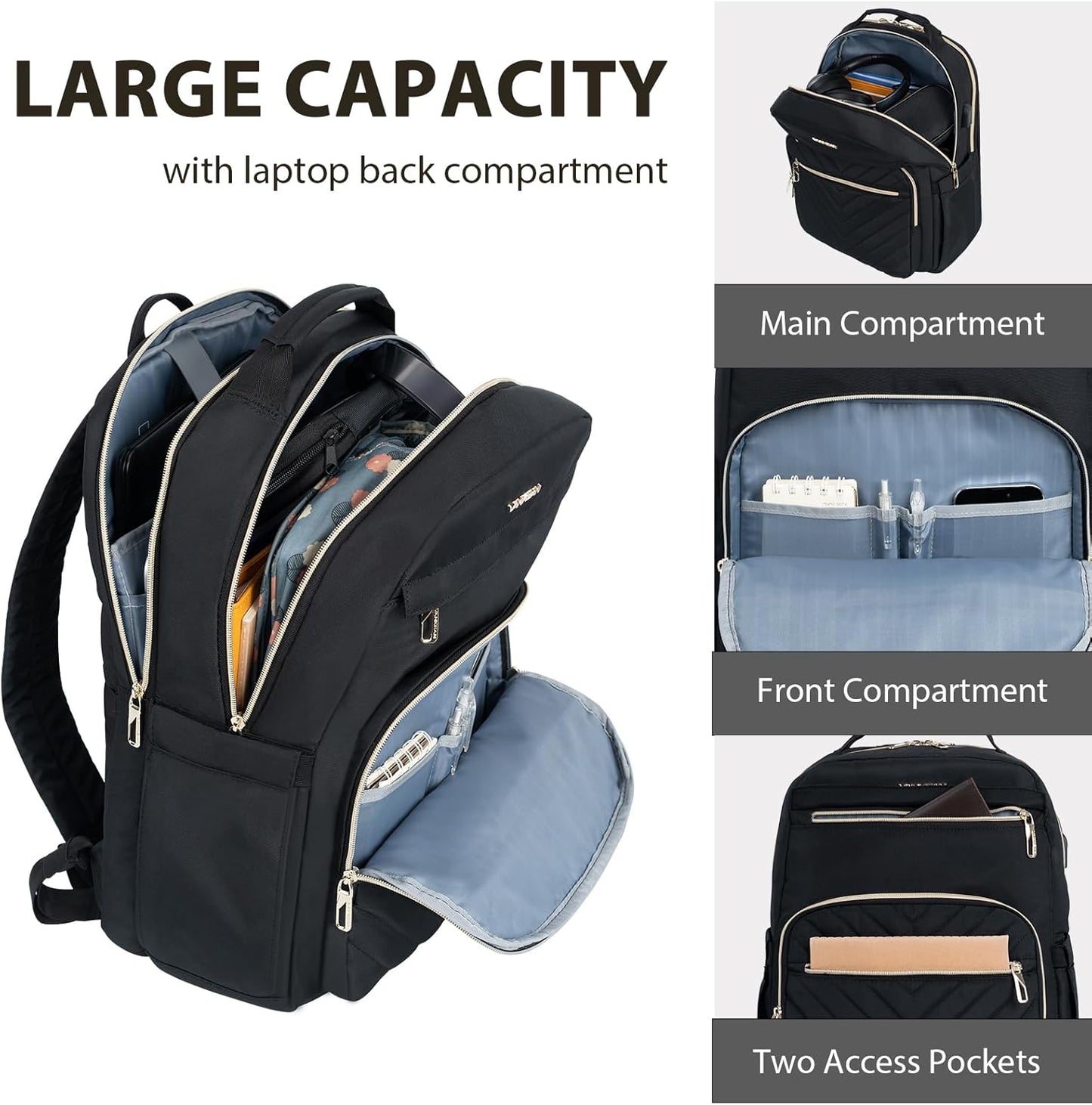 VANKEAN Laptop Backpack for Women Men Work Laptop Bag Fashion with USB Port, Daypacks for College, Business (Black, 15.6 Inch)