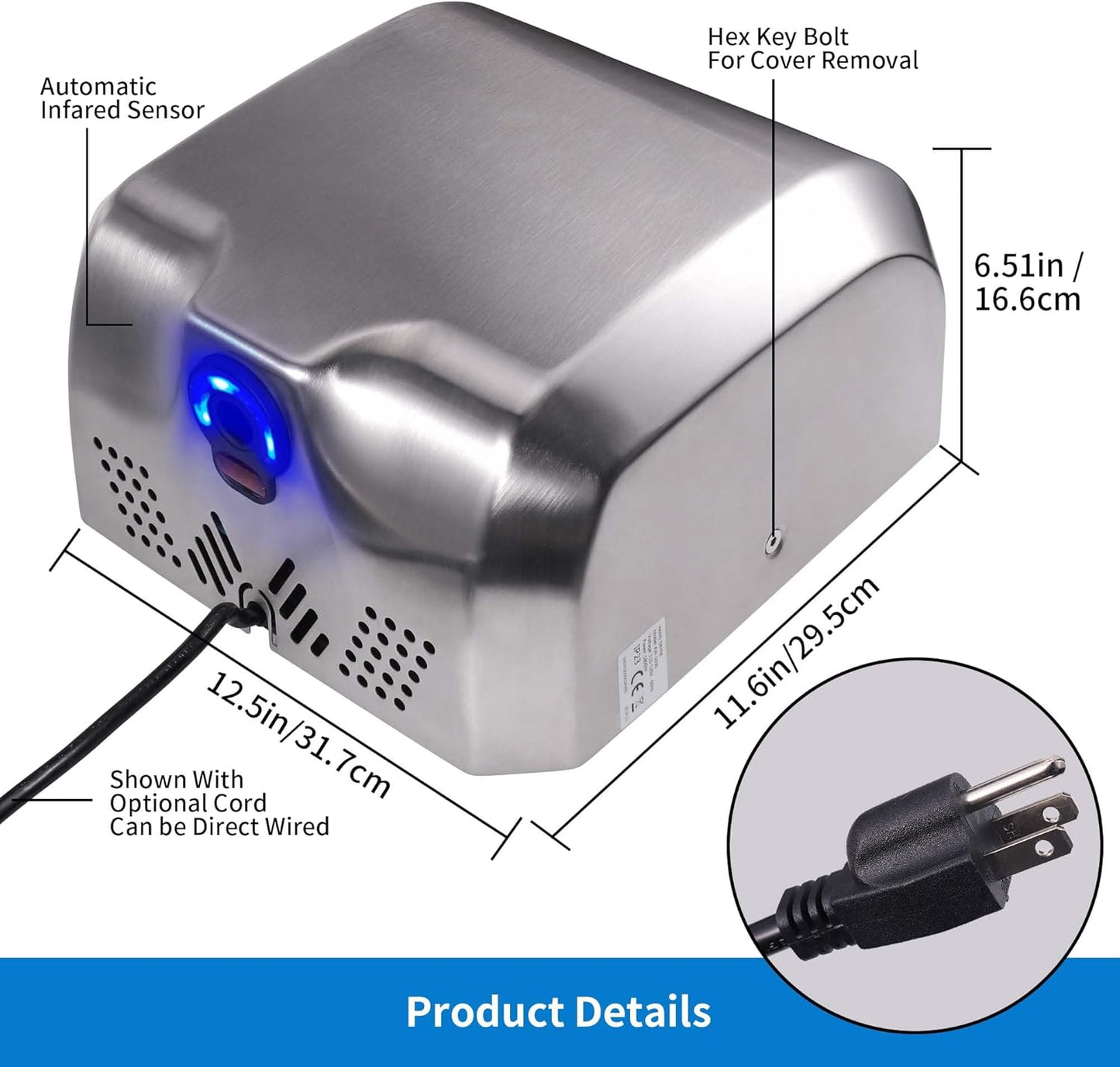 Goetland Stainless Steel Commercial Hand Dryer 1800w Automatic High Speed Heavy Duty Dull Polished
