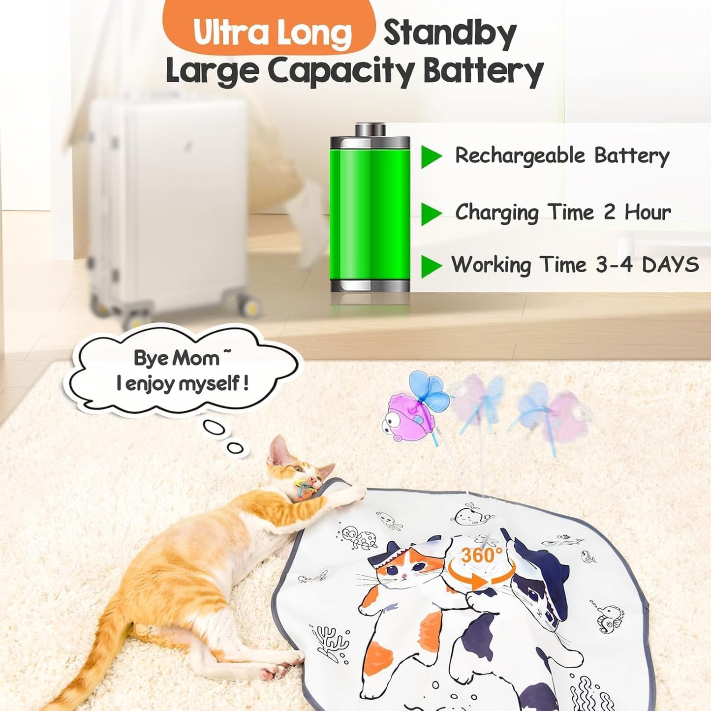 ORSDA Cat Toys Interactive, 4 in 1 Automatic Cat Toy, Hide and Seek, Whack a Mole, Magic Wand, Chasing Feather, with 4 Replacements, USB Rechargeable, for All Breed Sizes