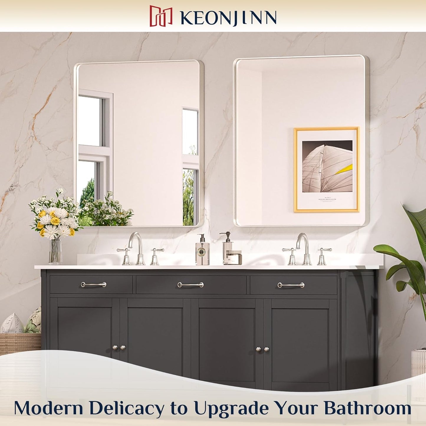 Keonjinn 42 x 36 Brushed Nickel Bathroom Vanity Mirror, Large Rounded Rectangle Bathroom Mirrors for over Sink, Metal Framed Silver Mirror for Wall, Shatterproof HD Tempered Glass(Horizontal/Vertical)