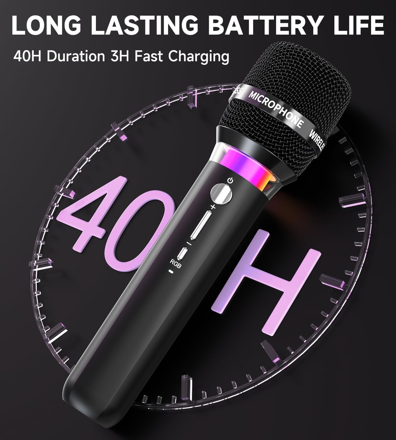Wireless Microphone, Rechargeable Wireless Microphones with One-to-One Chip Connection and LED Lights, 40H Duration, 200FT Range Receiving, Less Latency Karaoke Microphone for Singing, Speech, Party