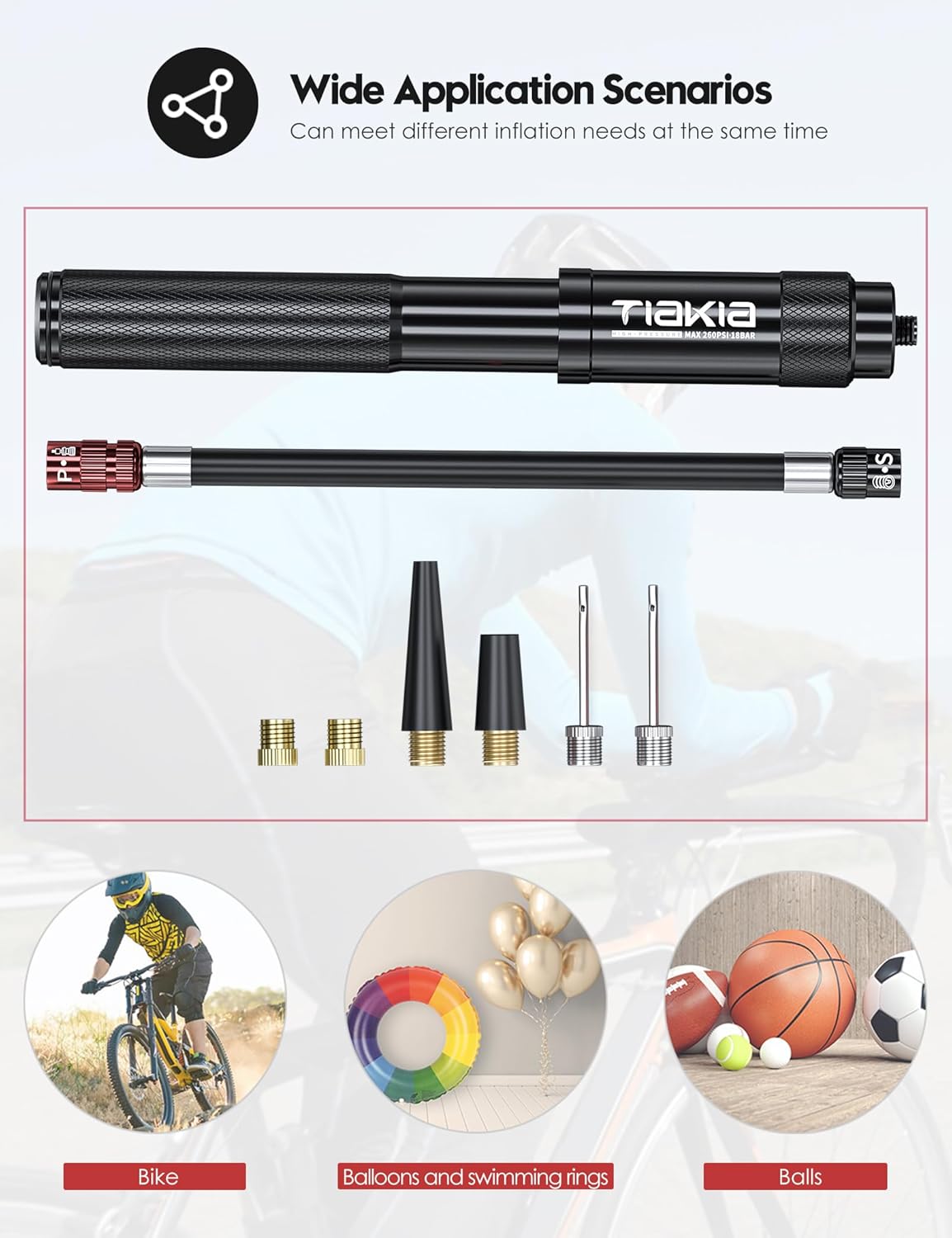 Tiakia Mini Bike Pump Portable Bicycle Pump Compact High Pressure Frame Pump 260PSI- Air Hand Pump Fit Presta, Schrader & Woods Valves,Aluminum Alloy Durable Tire Pump for Road/Mountain/BMX Bikes