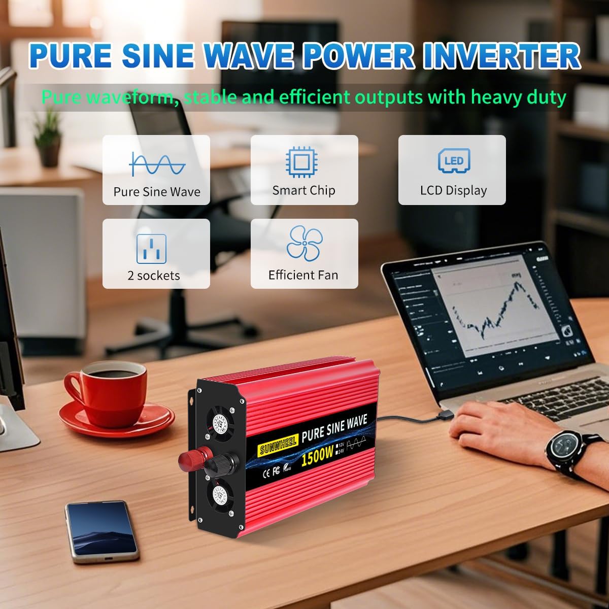 SUNWHEEL 4000W Pure Sine Wave Inverter, 12V DC to 110V/120V AC Power Inverter for RV、Microwave、Off Grid、Truck、Refrigerator、Air Conditioner with 4 AC outlets and LCD Display