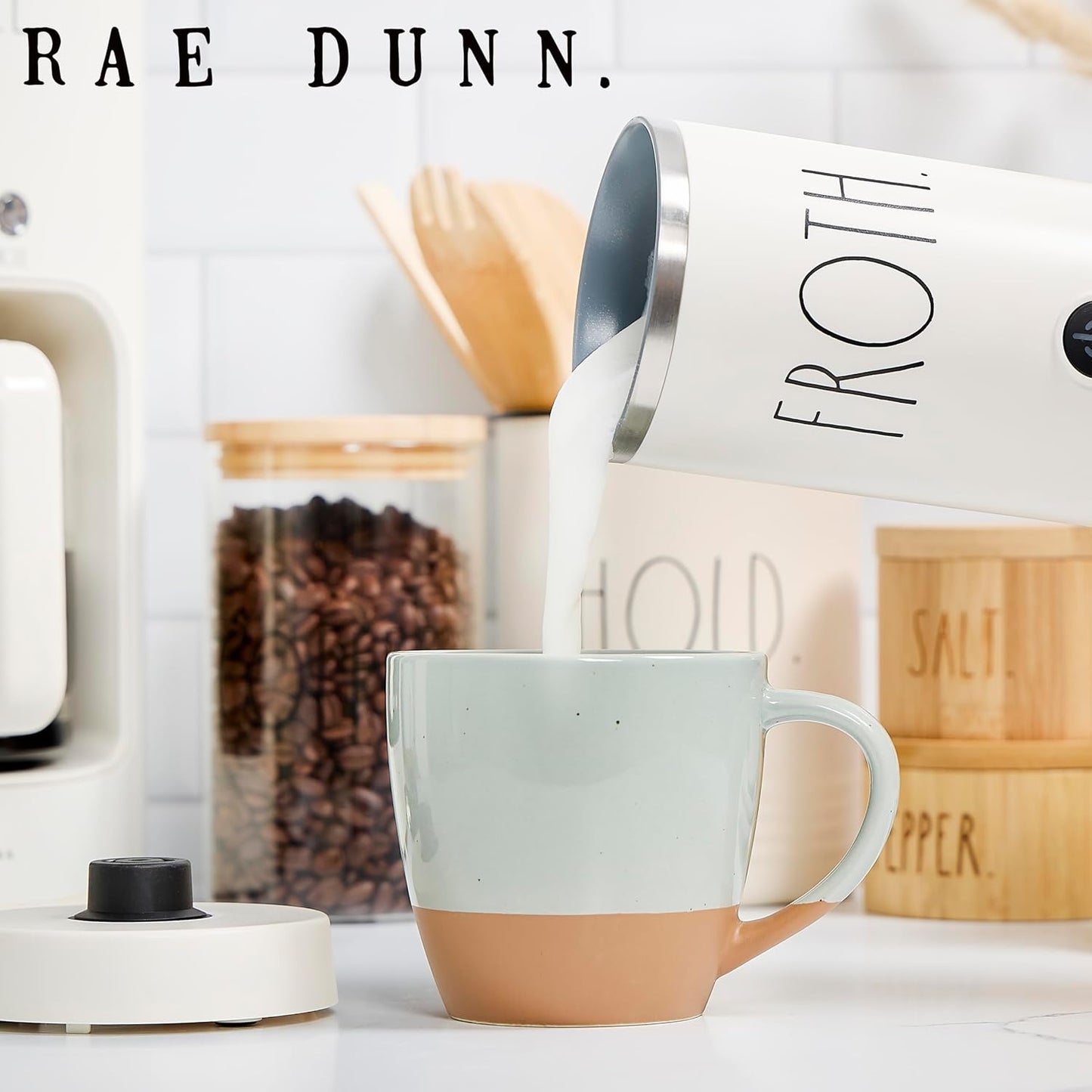 Rae Dunn - Electric Milk Frother - Elegant Automatic Milk Steamer and Frother, Milk Warmer, Hot and Cold Frothing Machine for Coffee, Latte, Cappuccino, Macchiato,