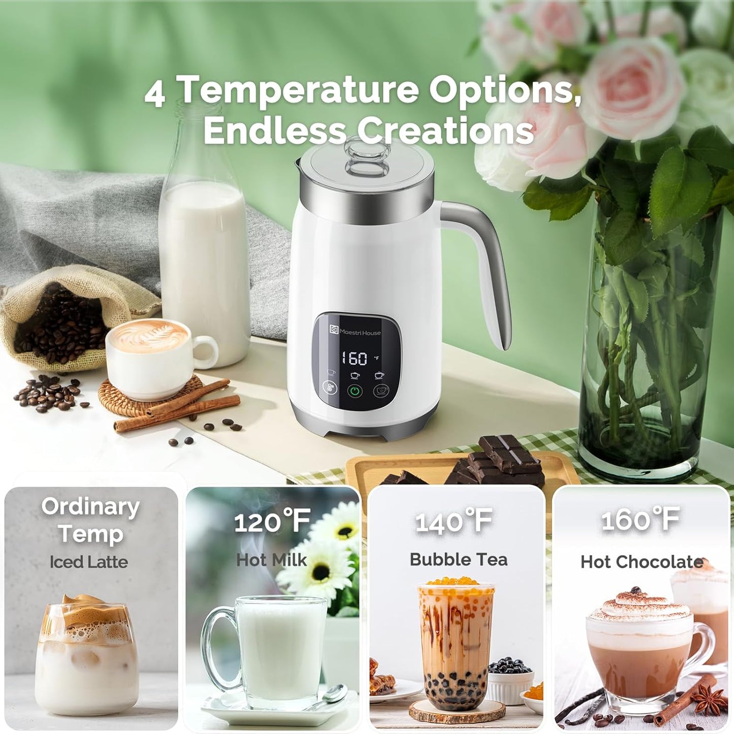 Maestri House Milk Frother, Variable Temp and Froth Thickness Milk Frother and Steamer, 14.1OZ/400ML Smart Touch Control Foam Maker, Memory Function for Latte, Warm Milk, Hot Chocolate,DualFro 400