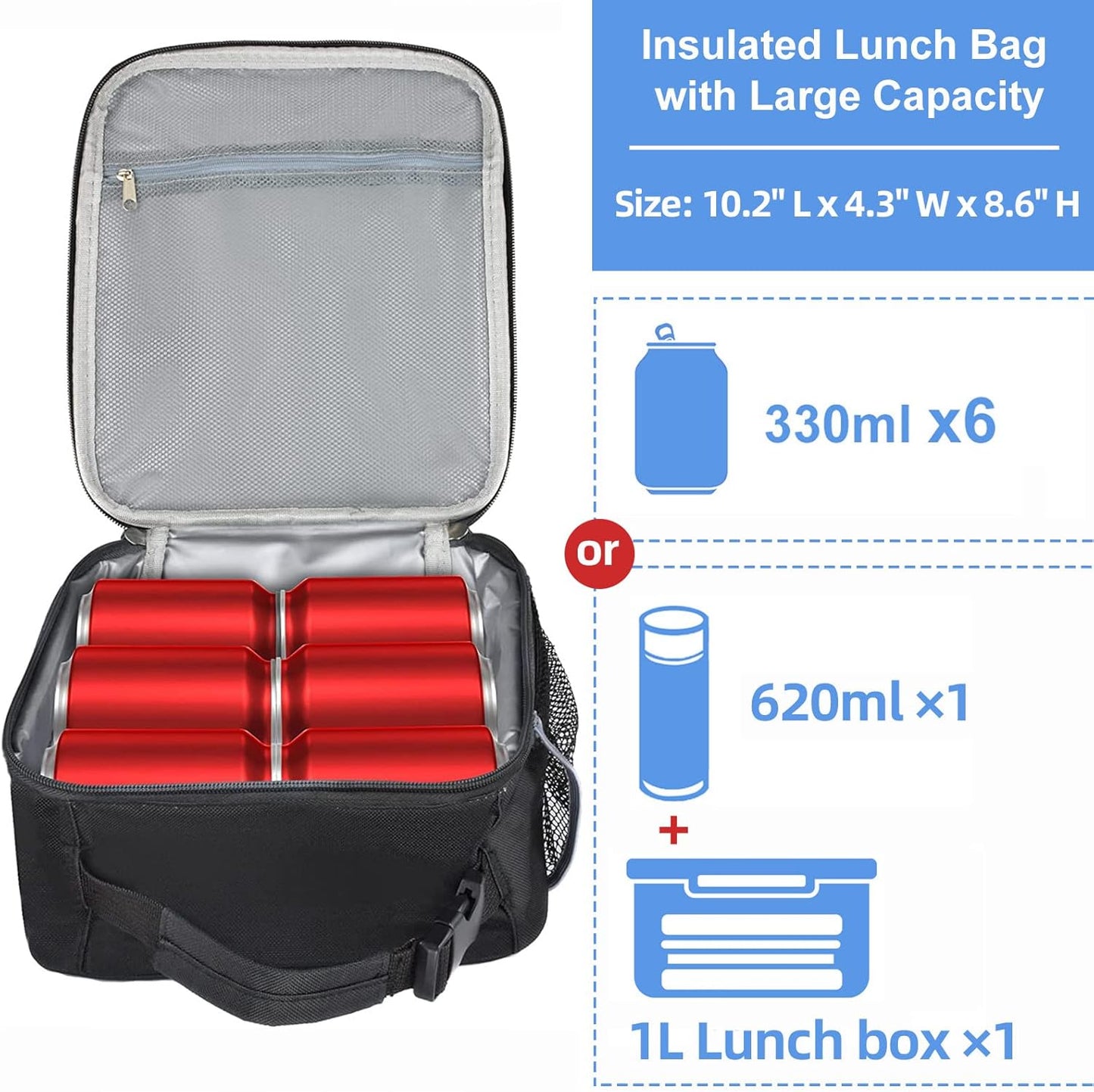 Insulated Lunch Bag, Leakproof Portable Lunch Box for Women Men Boys Girls, Large Capacity Cooler Bag with Handle and Bottle Pocket for Office School Camping Hiking Outdoor Beach Picnic (Black)