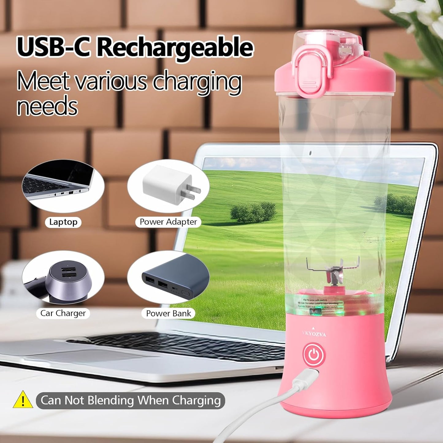 VKYOZVA Portable Blender, 20 Oz Travel Blender USB-C Rechargeable with 6 -leaf Stainless Steel Blades, BPA Frees, Personal Blender for Shakes and Smoothies,Suitable for Family Travel Gyms, Black