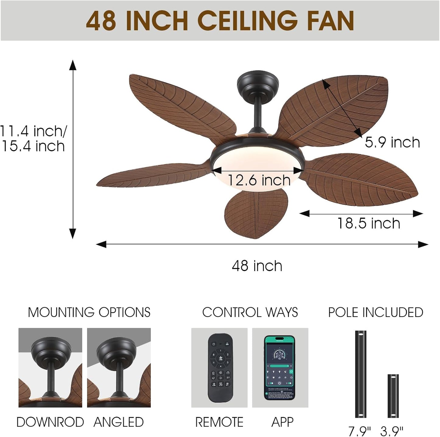 Wiviniya Ceiling Fans with Lights and Remote/APP Control, 44 Inch Tropical Palm Leaf Ceiling Fan with LED Lights, Outdoor Ceiling Fans for Patios Porch, Reversible Quiet Motor, Dimmable, Light Brown
