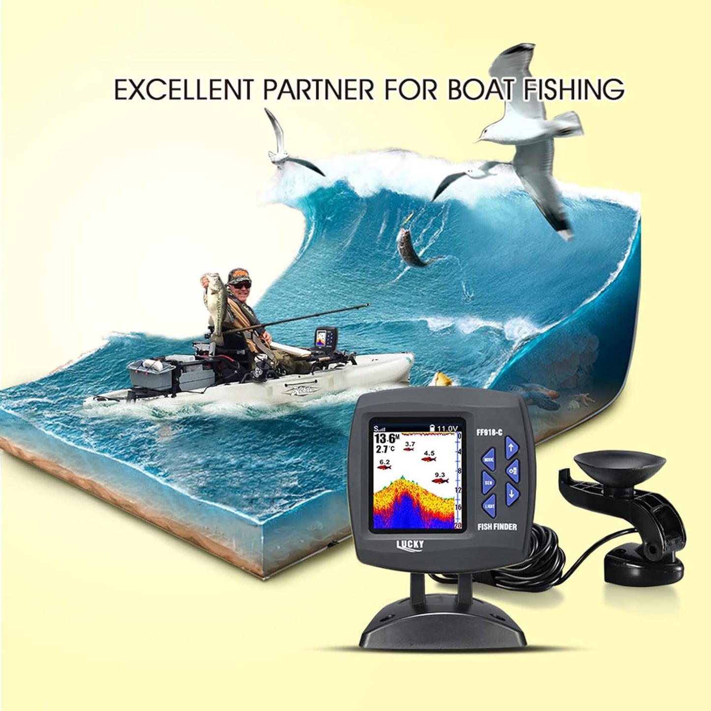 Fish Finder Wired Transducer Sensor Fishfinder 45 Degrees Underwater Fishing Camera Portable Fish Finder Waterproof Underwater Monitor LCD Fish Locator Boat Fishfinder Fish Detector