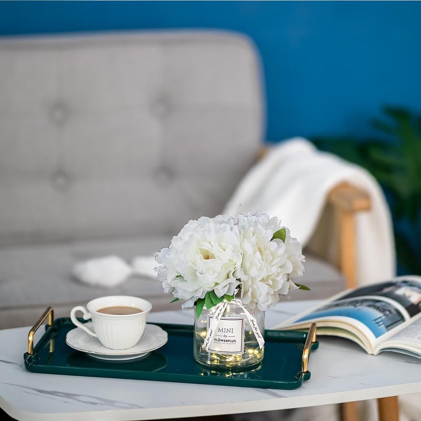 BLOSMON White Fake Flowers with Vase: Small Coffee Table Decor Bathroom Hydrangea Faux Flowers in Vase Office Desk Shelf Home Living Room Bedroom Vanity nightstand Decorations Floral Arrangement