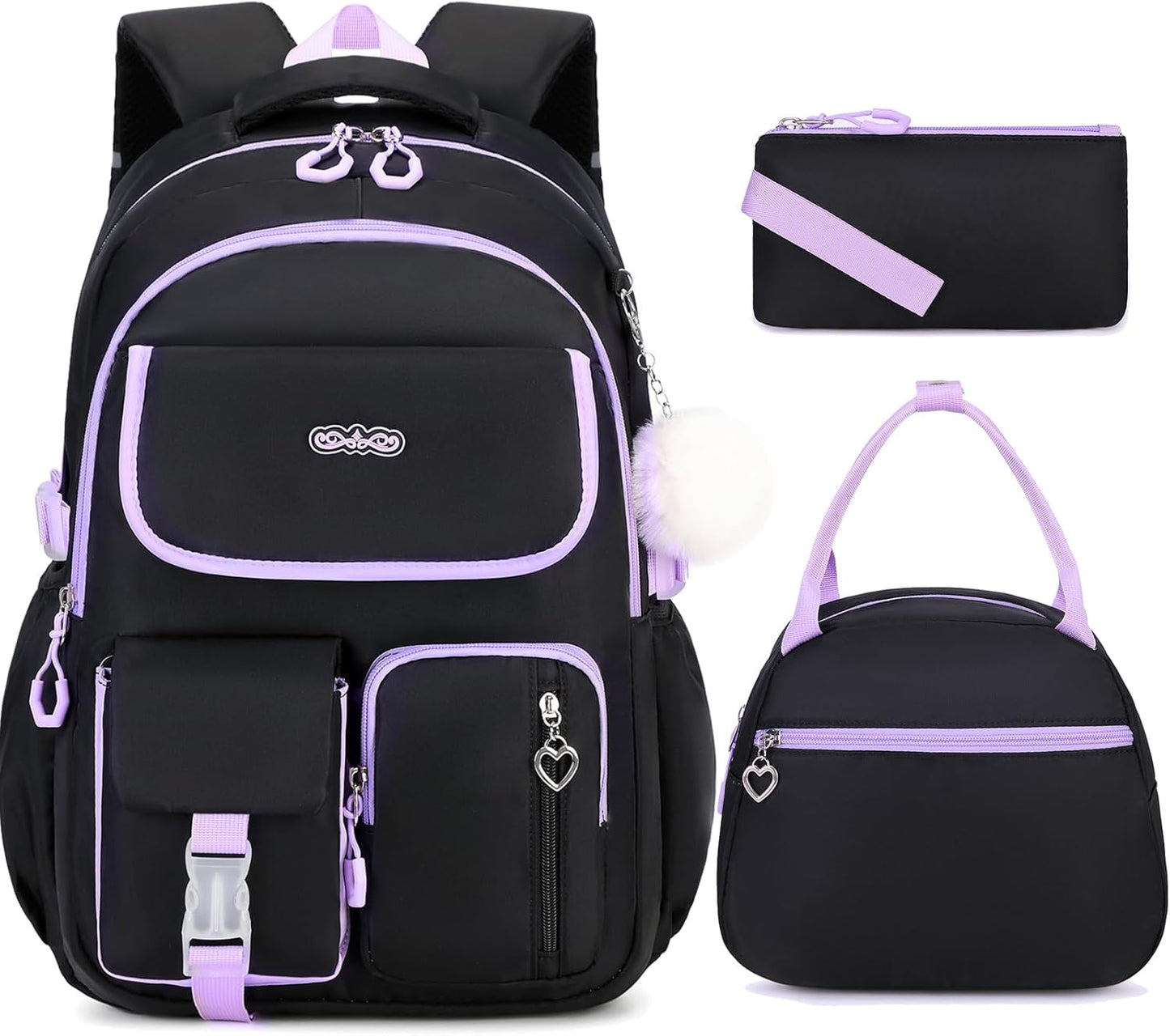 3PCS School Backpack for Girls with Lunch Box Pencil Pouch for Teen Girls Children Elementary Primary Middle High College Daypack School bag Bookbag Set Pink