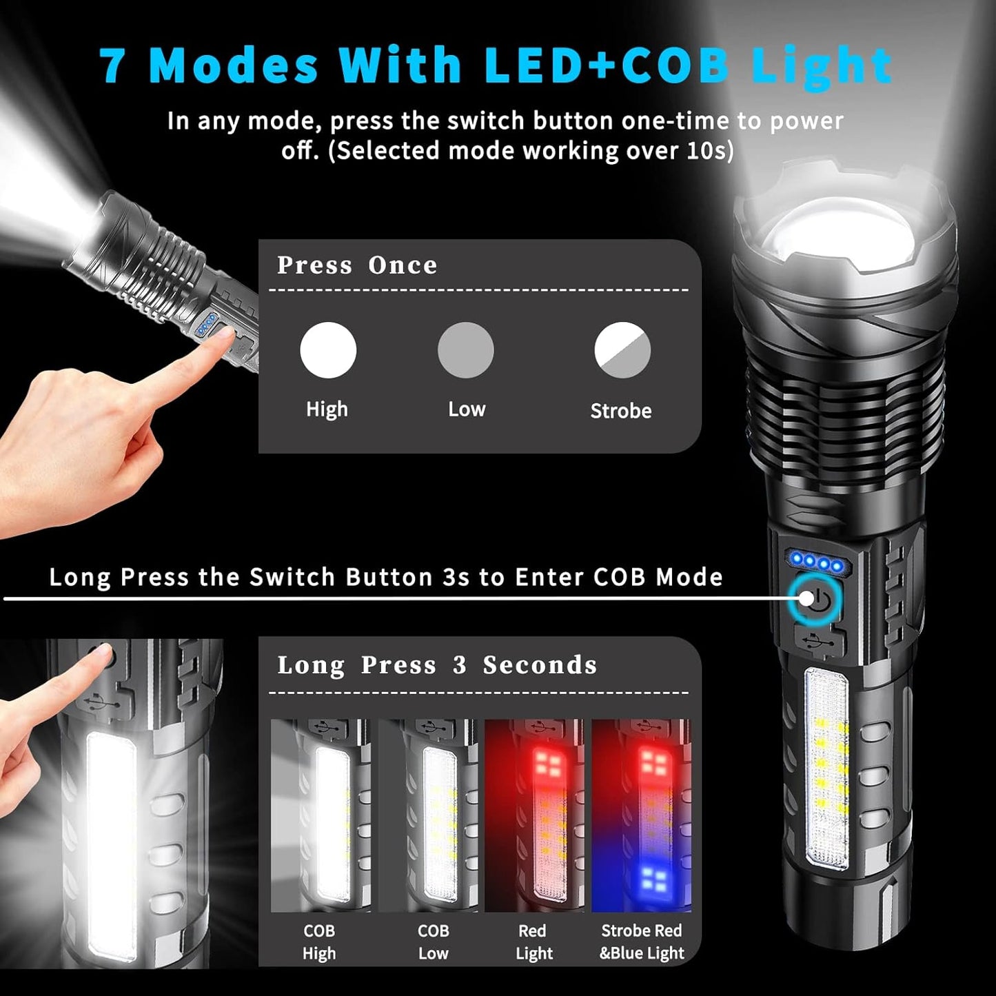 Flashlight Rechargeable 5 Modes of 10000 High Lumen,IPX6 Waterproof Flashlight,LED Flashlight Ultra Bright,Portable Flashlight for Outdoor Activities Such as Camping,Cycling,Mountain