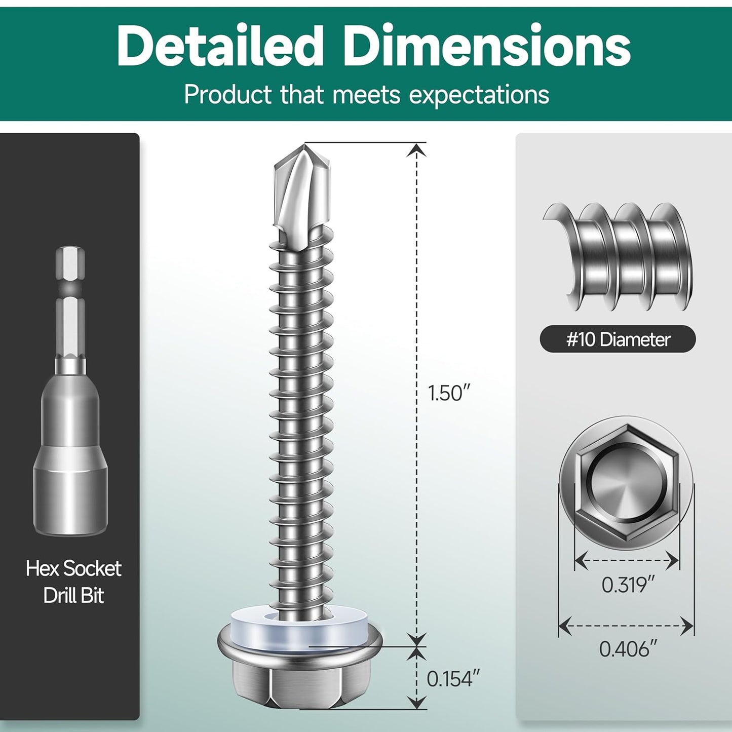 EASTPUK 100Pcs #8 x 1/2" Sheet Metal Screws, 410 Stainless Steel Self Drilling Hex Washer Head Self Tapping Screws for Metal with Drill Bit