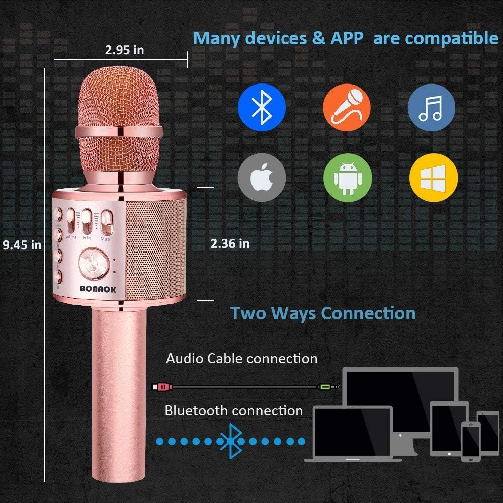 BONAOK Wireless Bluetooth Karaoke Microphone,3-in-1 Portable Instrument Wireless Microphone Mic Speaker Machine Home Party Birthday for All Smartphones(Black)