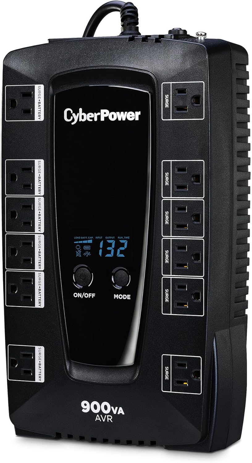 CyberPower AVRG900LCD Intelligent LCD UPS System, 900VA/480W, 12 Outlets, AVR, Compact