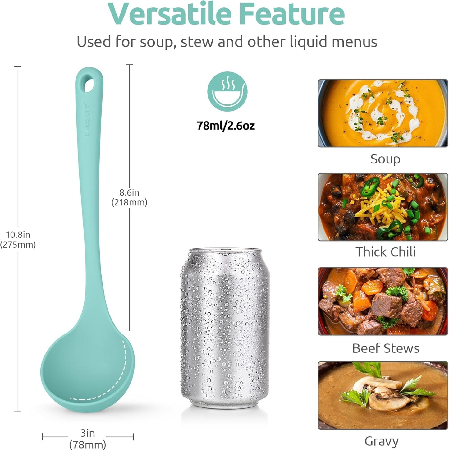 13 inch Silicone Soup Ladle: U-Taste 600ºF Heat Resistant 4 oz Large Non-Stick Seamless Rubber Kitchen Deep Serving Spoon with Non-Slip Solid Long Handle for Cooking Sauce/Stews/Gravies/Chili(Purple)