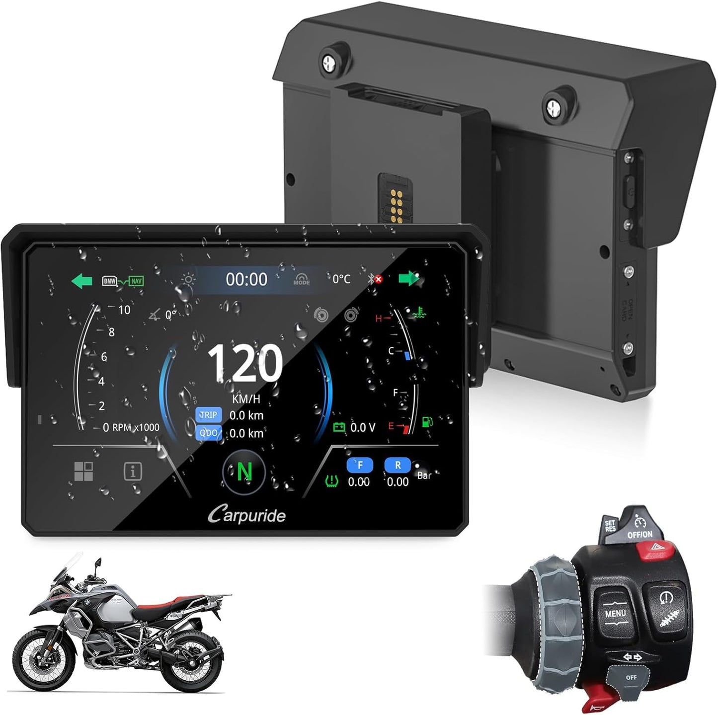 2025 CARPURIDE W702BS PRO for BMW Motorcycle CarPlay & Android Auto Dual Bluetooth, 7" Waterproof GPS Navigation Screen, Data Reading,Native Wonder, TPMS, Light Sensor, Music Sharing, Intercom, 16-Pin