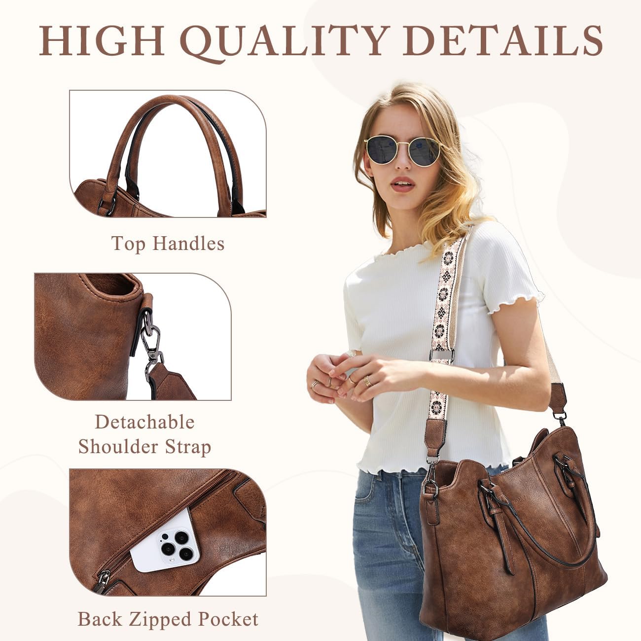 Hobo Bags for Women,VASCHY Vegan Leather Handbag Purse Top Handle Satchel Boho Shoulder Bag with Crossbody Guitar Strap