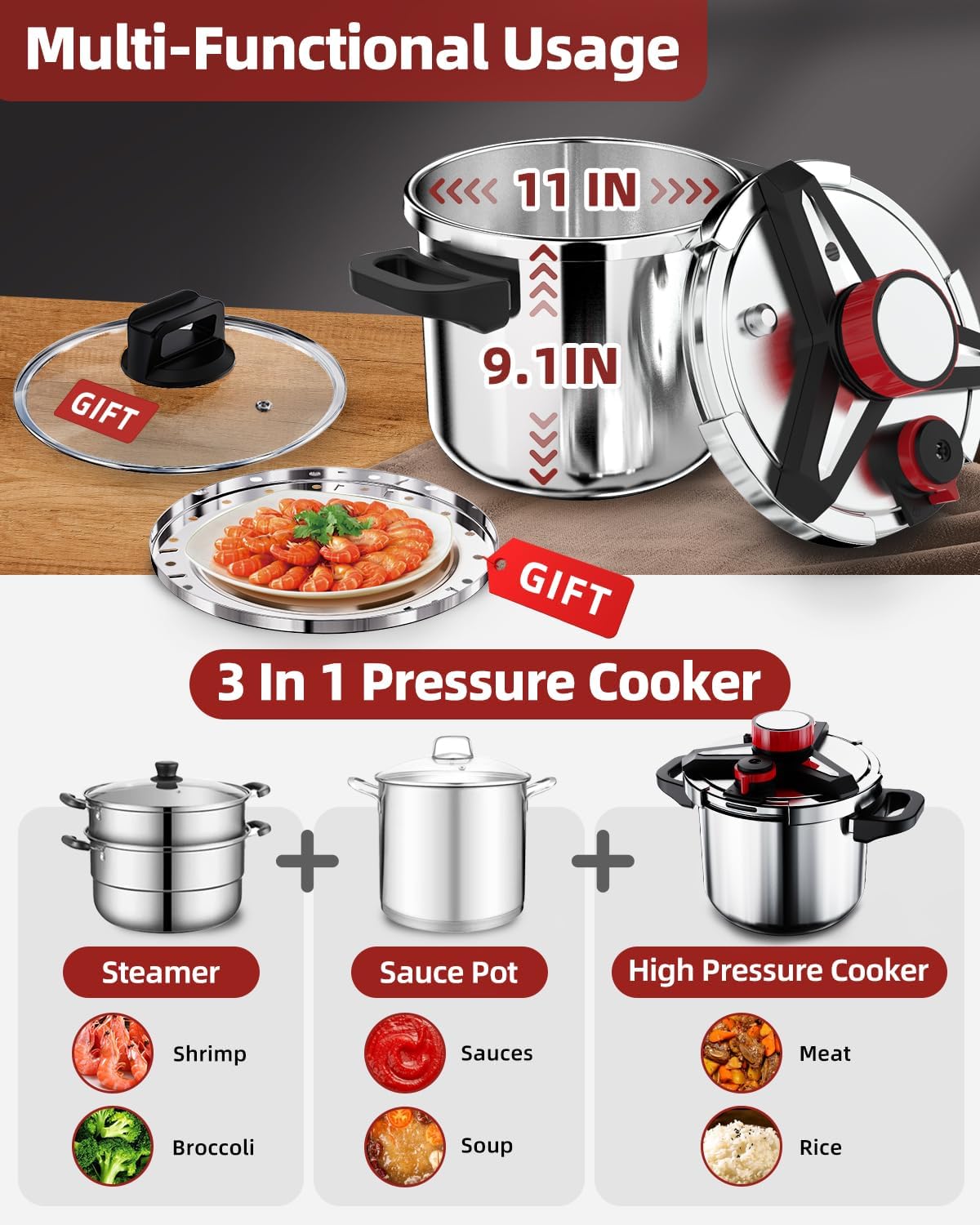 Purilite Select 3-in-1 304 Stainless Steel Pressure Cooker