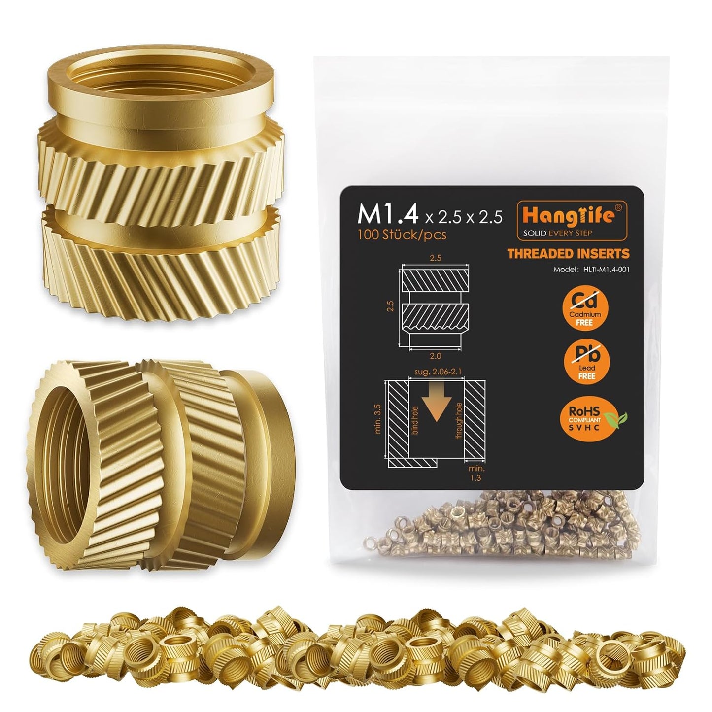 HANGLIFE Heat-Set Threaded Inserts, M3 Heat Set Insert for 3D Printing Components and Plastic Parts - Brass Metric Knurled Nuts (100 Pieces)