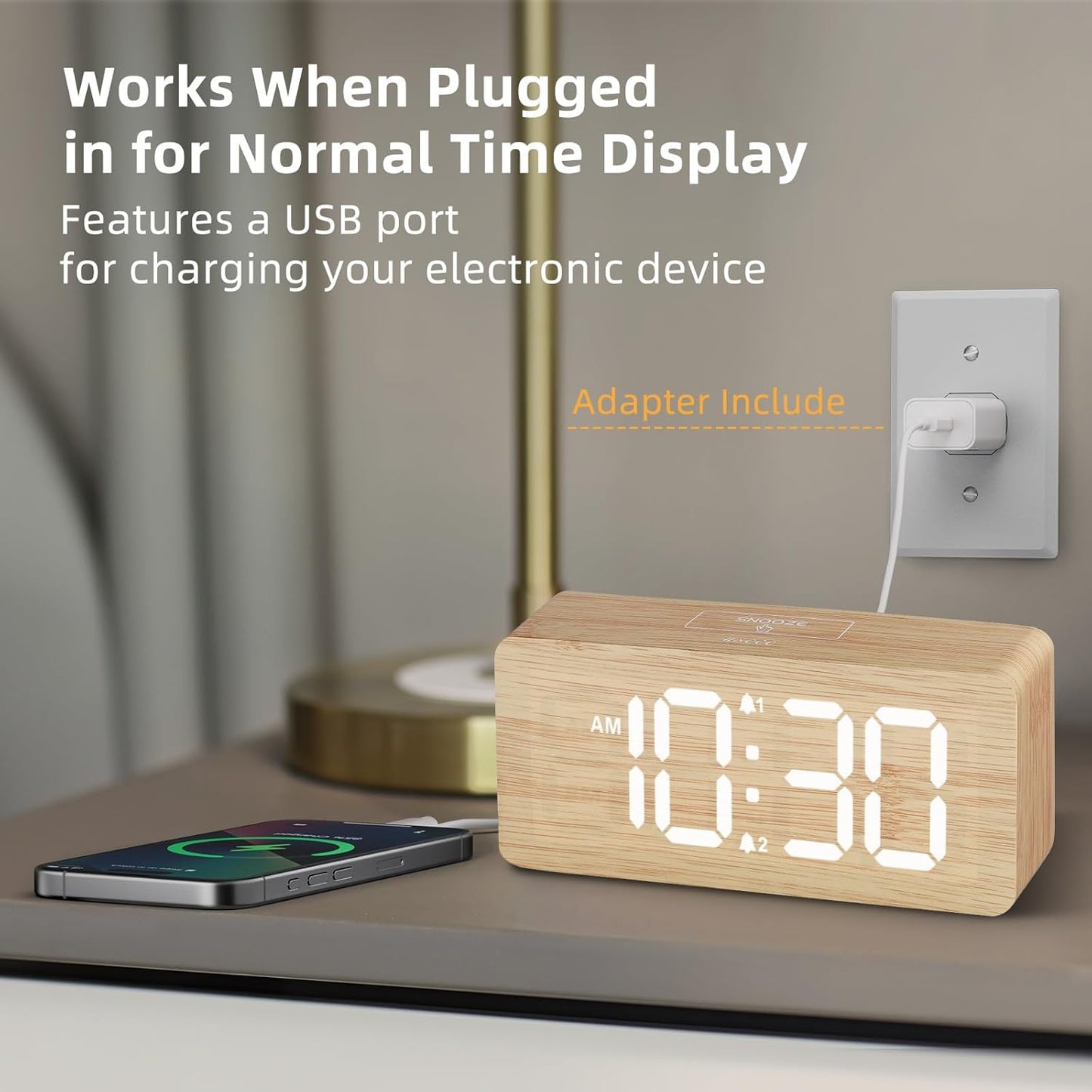 Purilite Select Wooden Digital Alarm Clock with Large LED Display