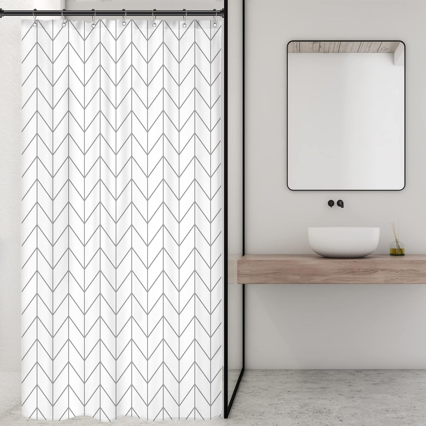 Riyidecor Stall Small RV Gray White Grey Bathroom Shower Curtain Liner 36Wx72H Inch Half Single Narrow Walkin Standing Little Size Dorm Chevron Herringbone Geometric Tiny Fabric Polyester Waterproof